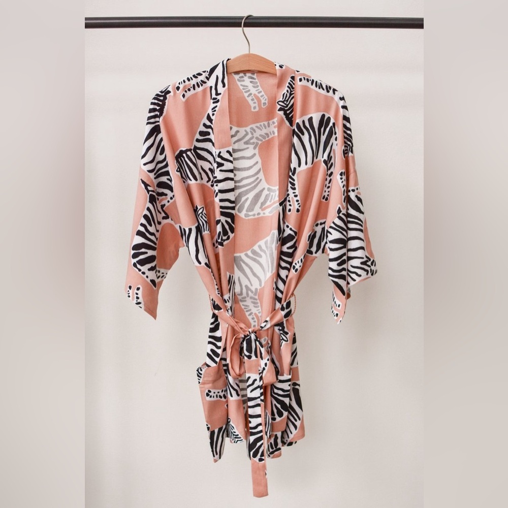 Emerson Fry Fete Kimono Zebra Print Short Sleeve Muted Clay XS/S Beachy